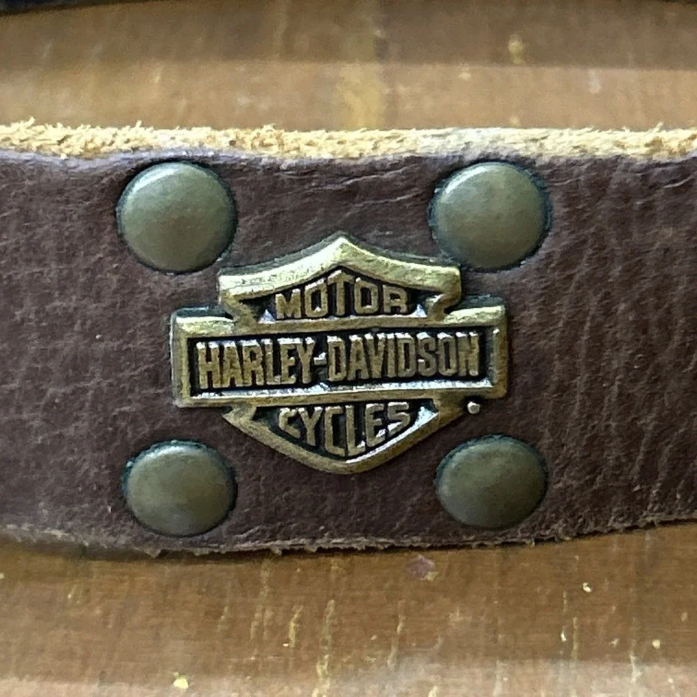 Vintage Harley Davidson Leather Belt Brass Buckle Rivets Made USA Sz 32